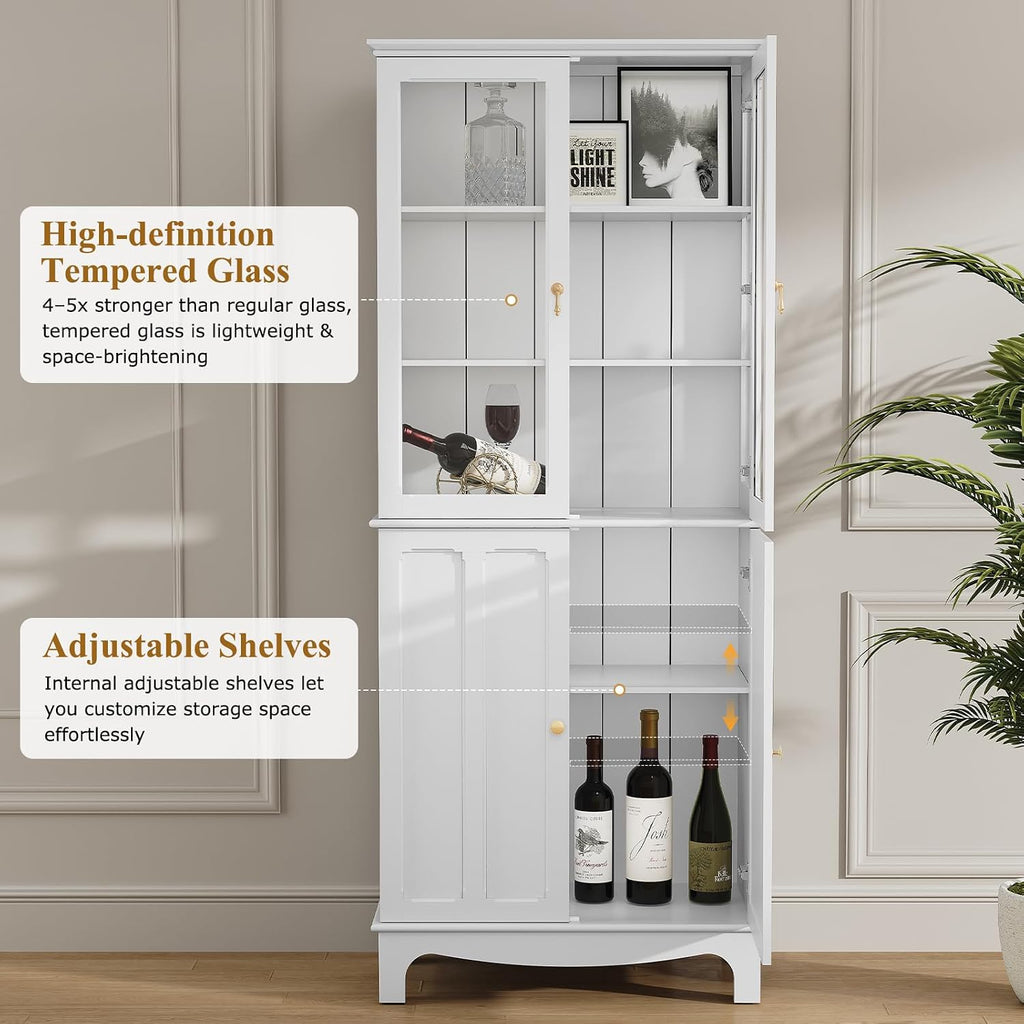 ARTPOWER 72" Freestanding Kitchen Pantry Storage Sideboard, Classical Tall Cabinet with Glass Door and Adjustable Shelves for Kitchen, Livingroom and Dining Room, White