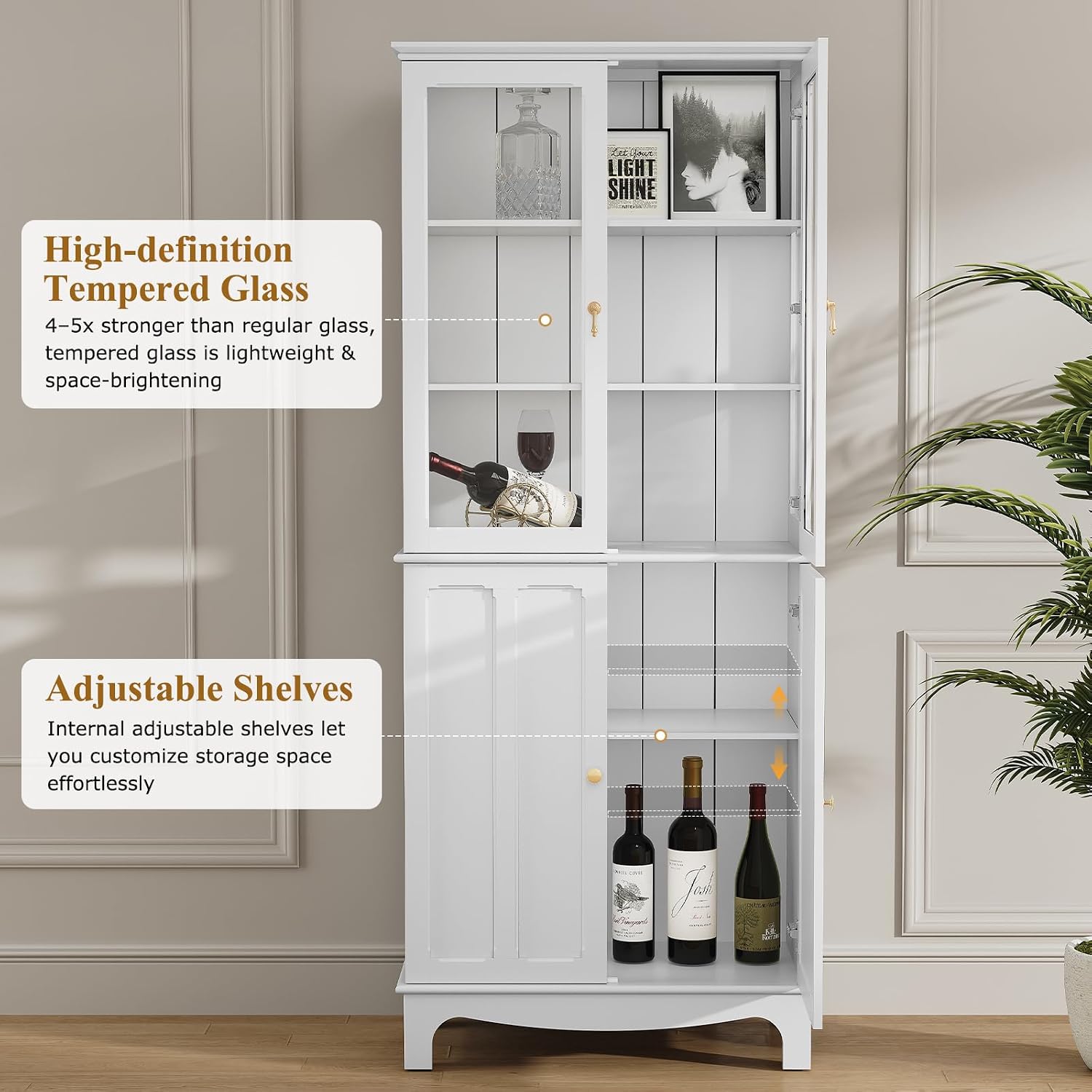 ARTPOWER 72" Freestanding Kitchen Pantry Storage Sideboard, Classical Tall Cabinet with Glass Door and Adjustable Shelves for Kitchen, Livingroom and Dining Room, White