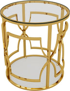 Polibi 19.7" Round Gold Metal End Table with Tempered Glass Top & 2-Tier Shelf, Luxury Side Table for Living Room, Bedroom, Small Apartment, Office (Transparent)