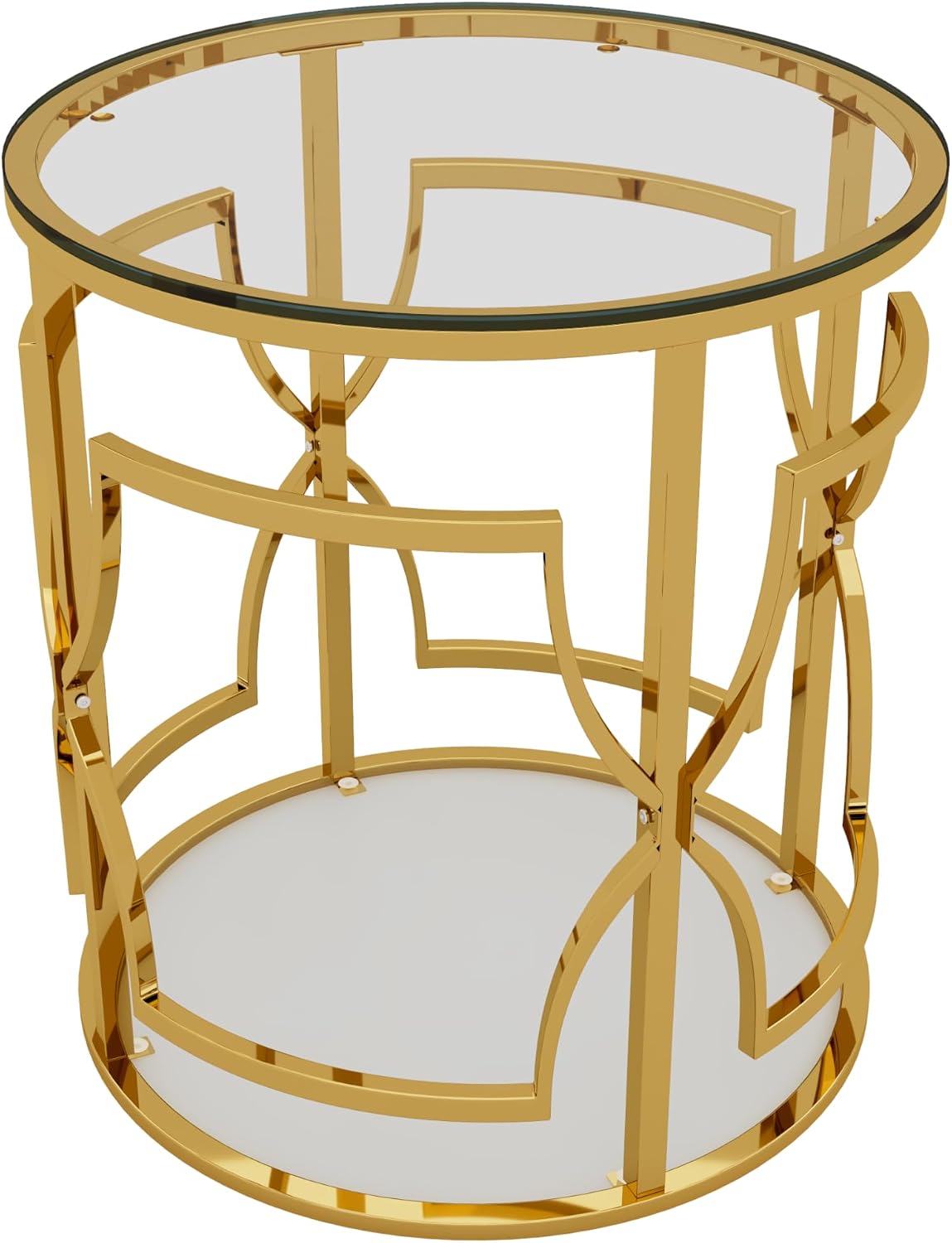 Polibi 19.7" Round Gold Metal End Table with Tempered Glass Top & 2-Tier Shelf, Luxury Side Table for Living Room, Bedroom, Small Apartment, Office (Transparent)