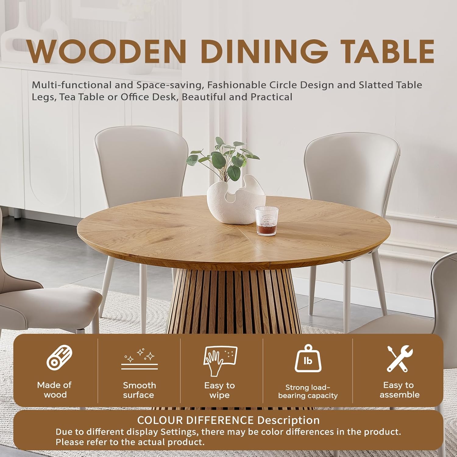 Modern Round Dining Table with Fluted Pedestal Base, Natural Wood Finish, 47.24 Inch Diameter, Contemporary Kitchen Table for Living Room and Dining Room
