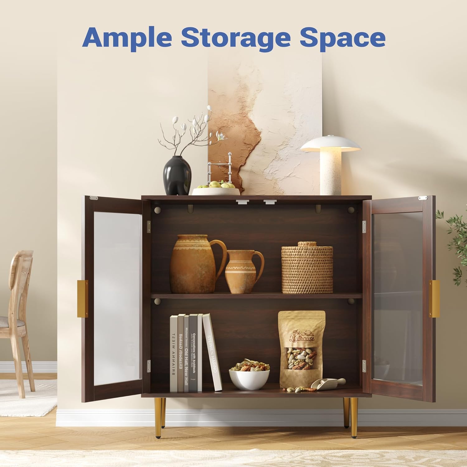 Housoul Buffet Cabinet with LED Lights, Sideboard Cabinet with 2 Doors Acrylic, 32" Modern Buffet Cabinet with Shelf, Coffee Bar Cabinet for Living Room, Kitchen, Walnut