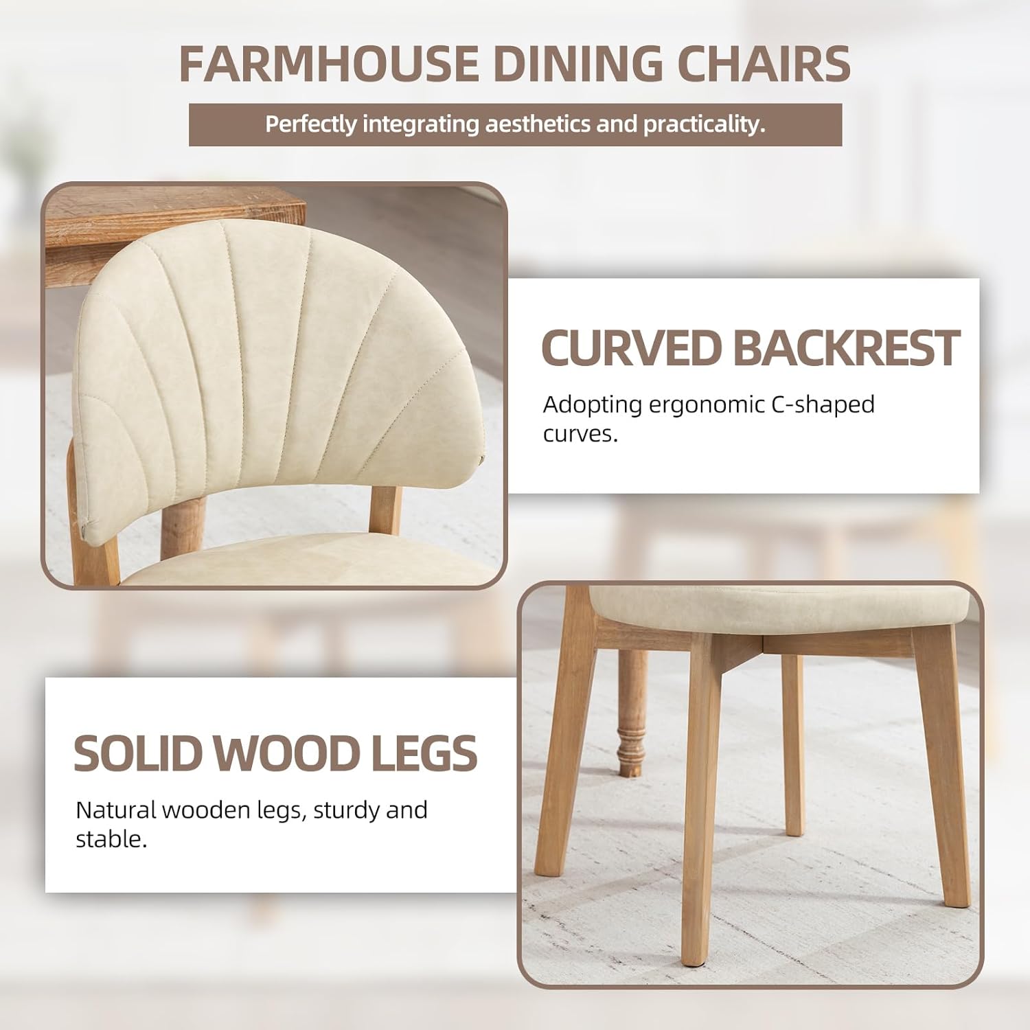 PU Leather Dining Chairs Set of 4, Upholstered Kitchen & Dining Room Chairs, Mid Century Modern Solid Oak Wood Dining Room Chairs with Curved Backrest, Beige