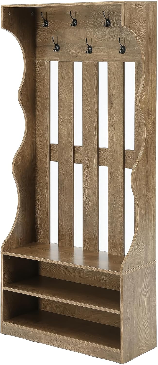 LITTLE TREE 3-In-1 Coat Rack with Shoe Bench, 70.9" Tall Hall Tree with 7 Hooks, Farmhouse Entryway Coat Rack with 2 Tier Shoe Storage for Entryway, Living Room, Bedroom, Brown