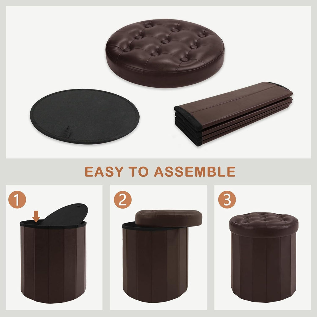 CAROLMADE Round Storage Ottoman,PU Leather Folding Footrest Stool with Thicker Foam Padded Seat,Versatile Vanity Stool for Living Room,Bedroom or Dorm,Brown