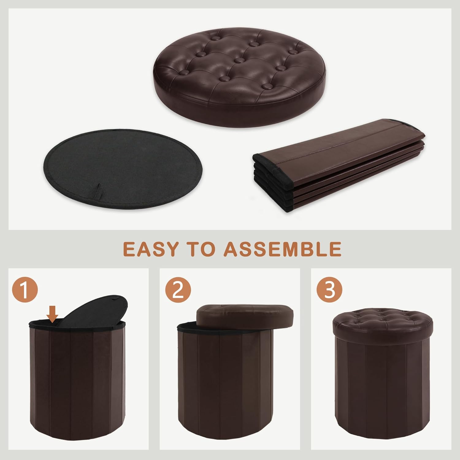 CAROLMADE Round Storage Ottoman,PU Leather Folding Footrest Stool with Thicker Foam Padded Seat,Versatile Vanity Stool for Living Room,Bedroom or Dorm,Brown