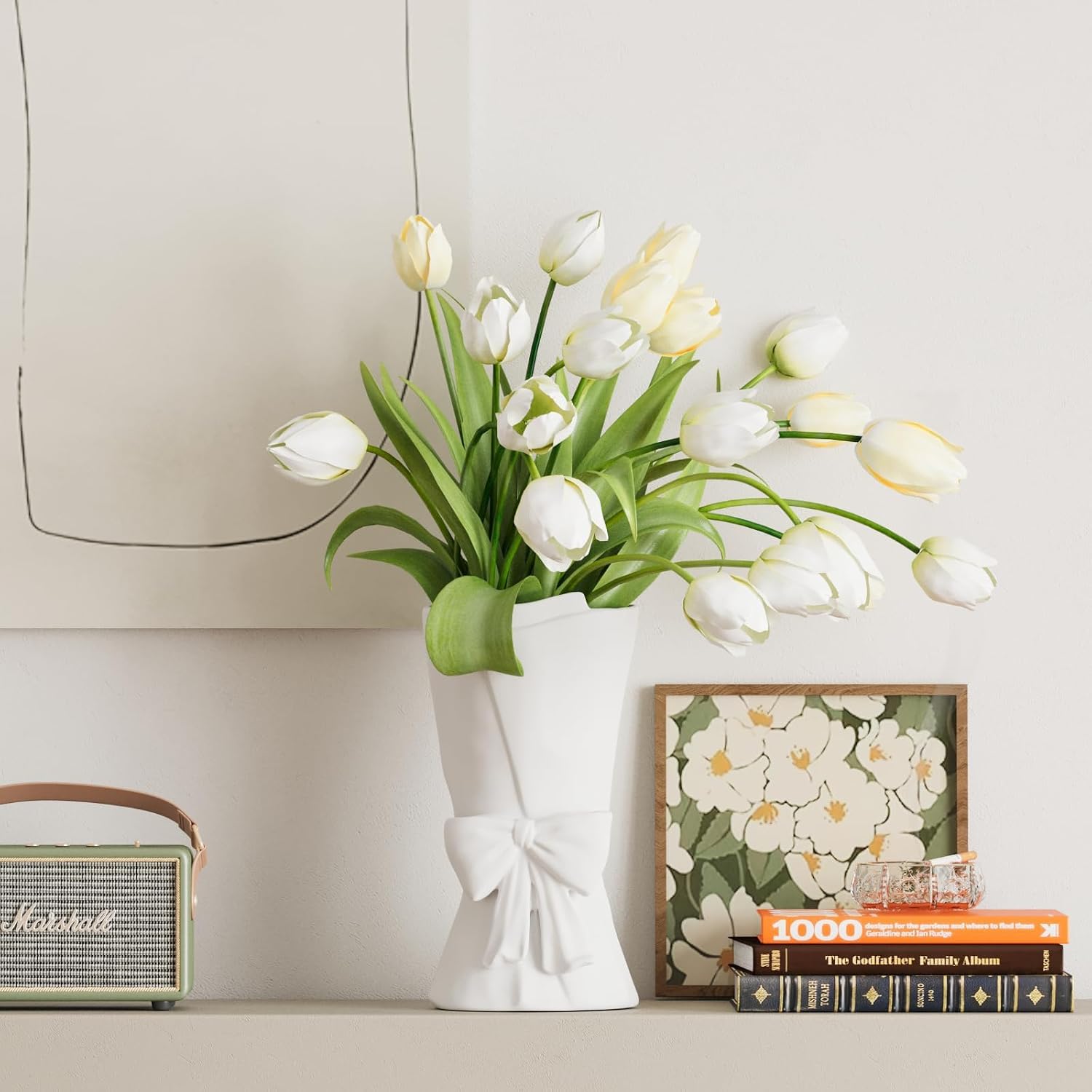 Relexome White Ceramic Bow Vase Unique Cute Decorative Bouquet Flower Vases 9.64 in Summer Home Decor Vase