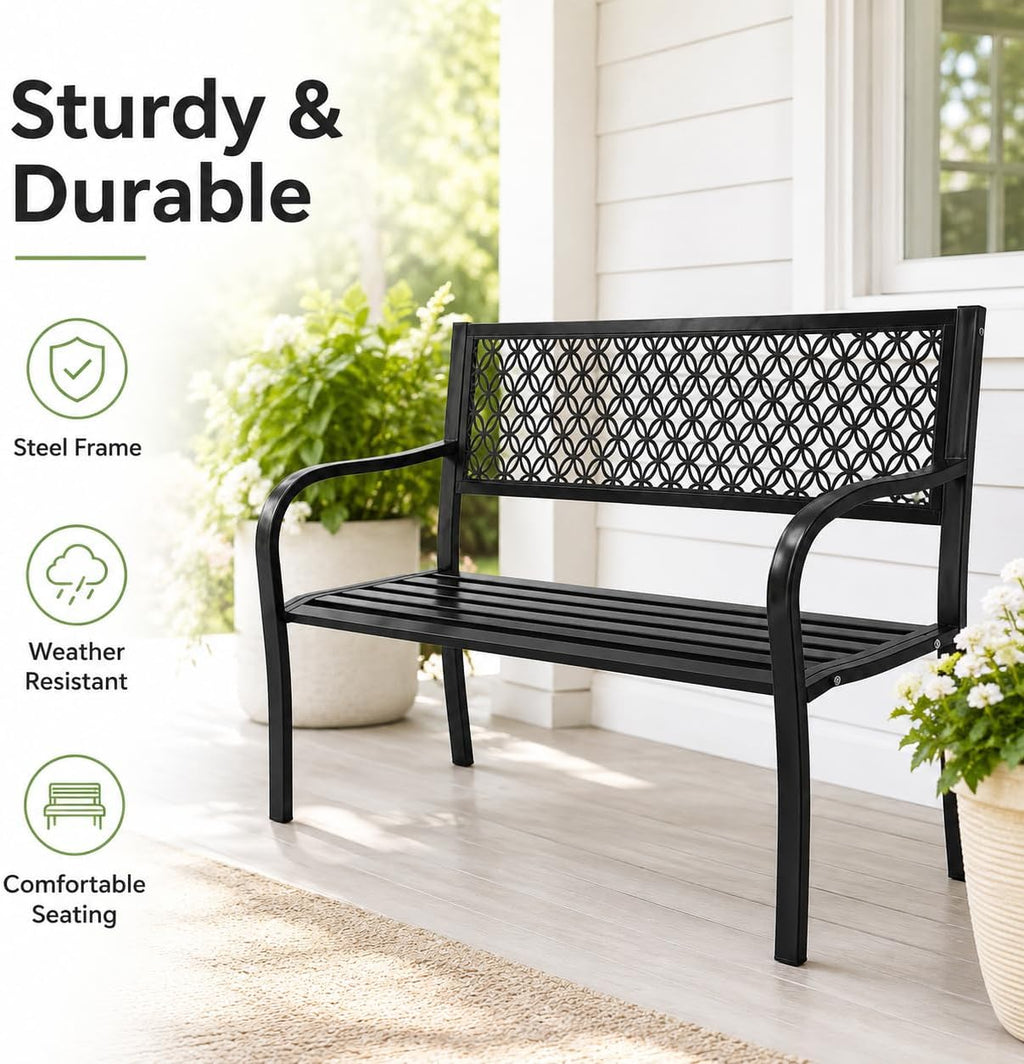 Heavy Duty Black Metal Patio Garden Bench for 2 – Durable Steel, Weather Resistant – Geometric Backrest – Ideal for Garden, Lawn, Yard Seating – Black