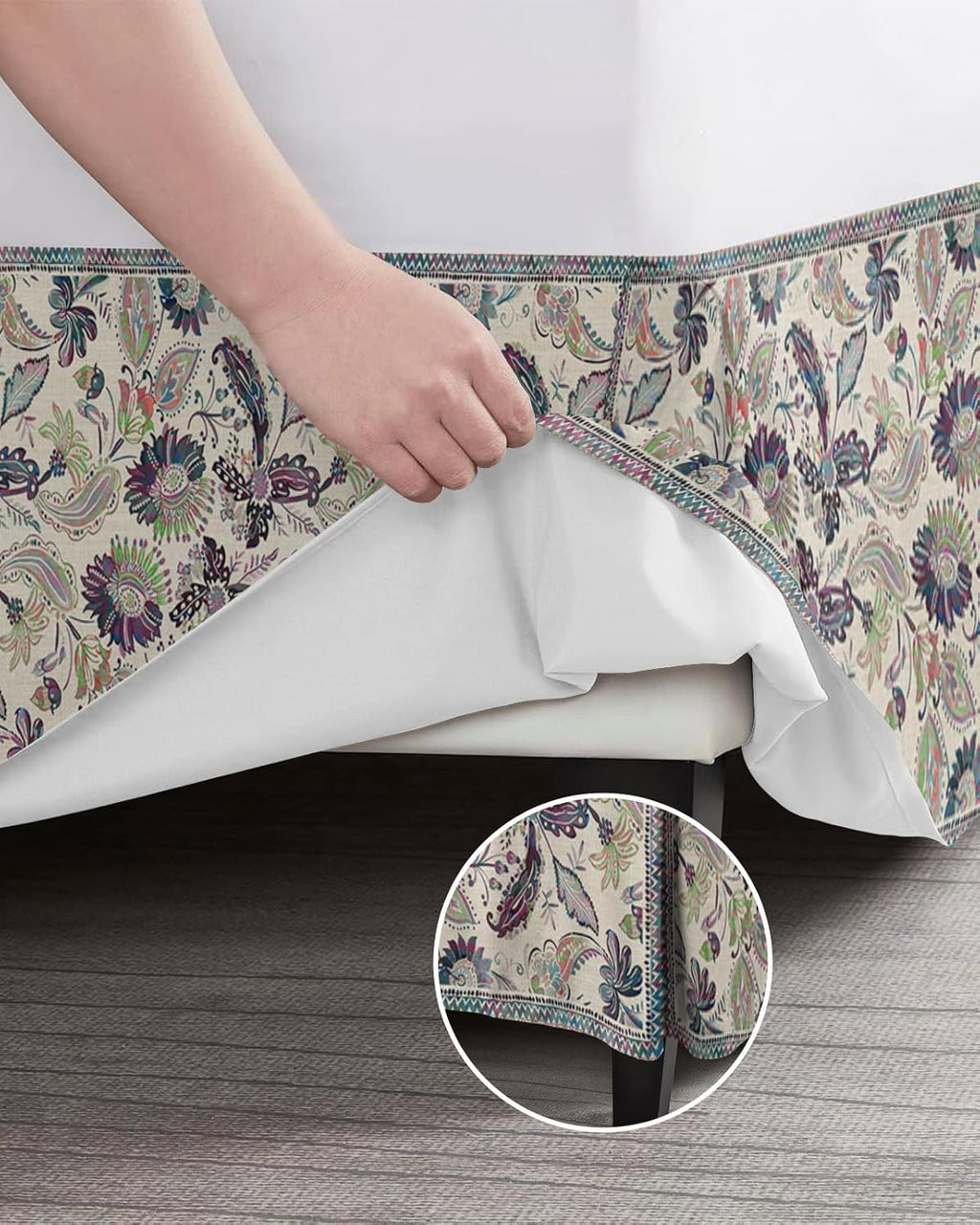 Bed Skirt King Size Paisley Ethnic Style Pleated Dust Ruffle Easy Fit Bedskirts with 16 Inch Drop Purple Vintage Floral Wrinkle and Fade Resistant Bedroom Decor