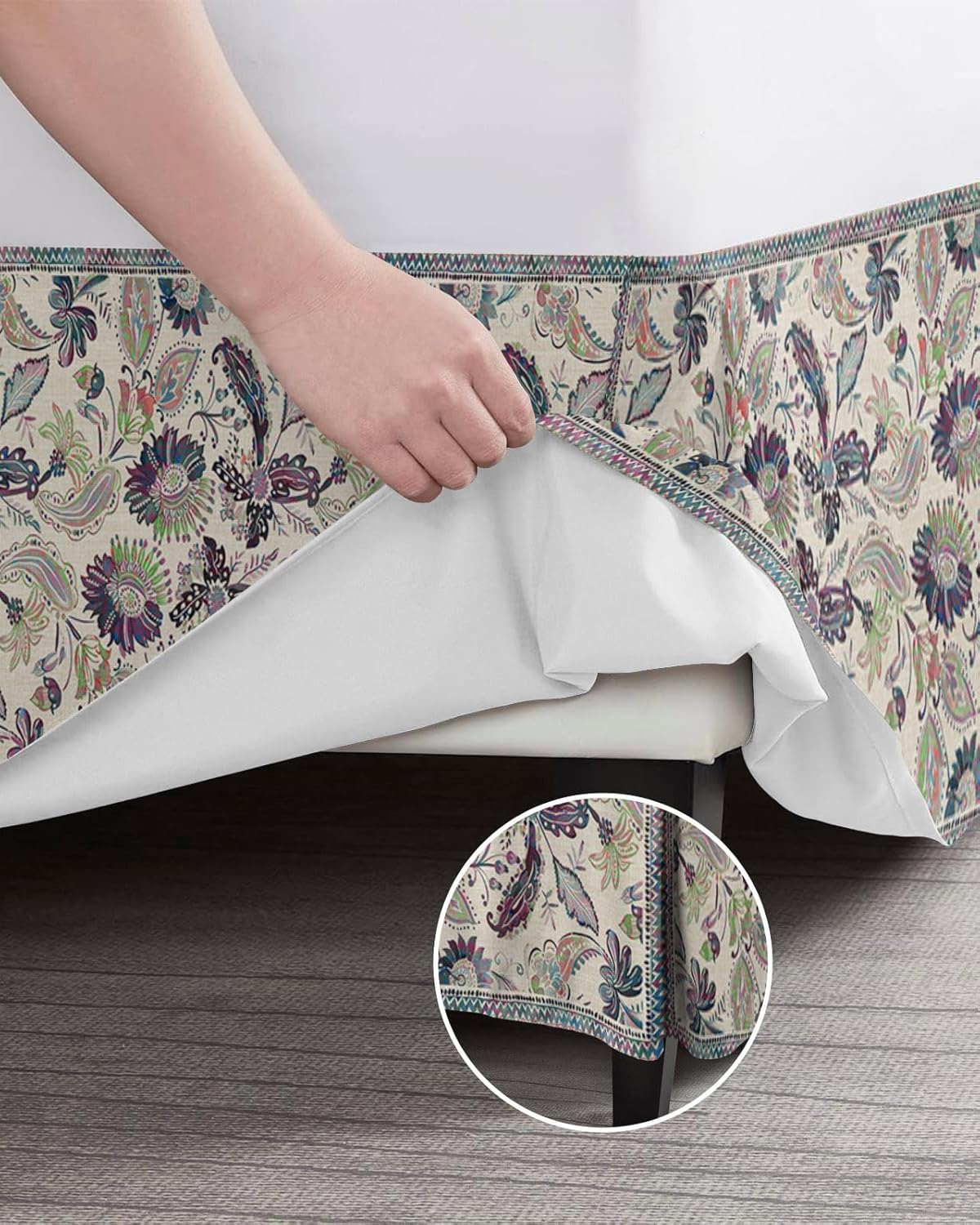 Bed Skirt King Size Paisley Ethnic Style Pleated Dust Ruffle Easy Fit Bedskirts with 16 Inch Drop Purple Vintage Floral Wrinkle and Fade Resistant Bedroom Decor