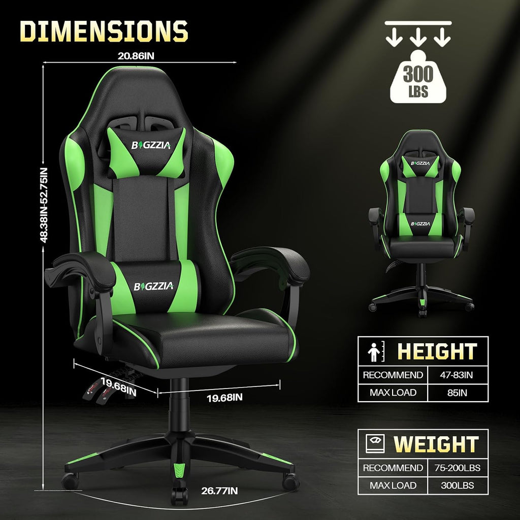 Bigzzia Gaming Chair, Ergonomic Video Game Chairs with Pillow and Lumbar Support, Racing Style Height Adjustable Computer Chair with 360°-Swivel Seat for Adults and Kids（Green）