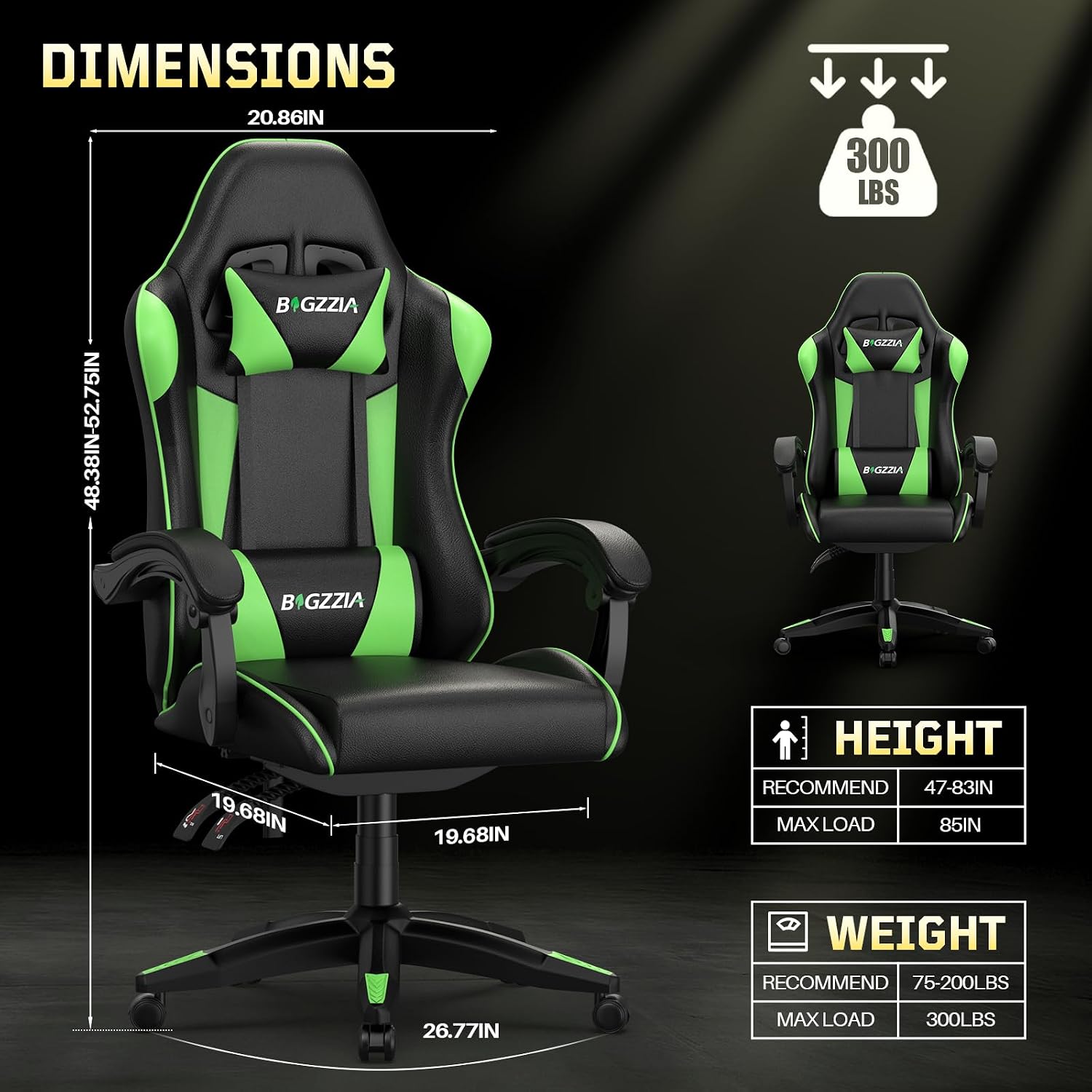 Bigzzia Gaming Chair, Ergonomic Video Game Chairs with Pillow and Lumbar Support, Racing Style Height Adjustable Computer Chair with 360°-Swivel Seat for Adults and Kids（Green）