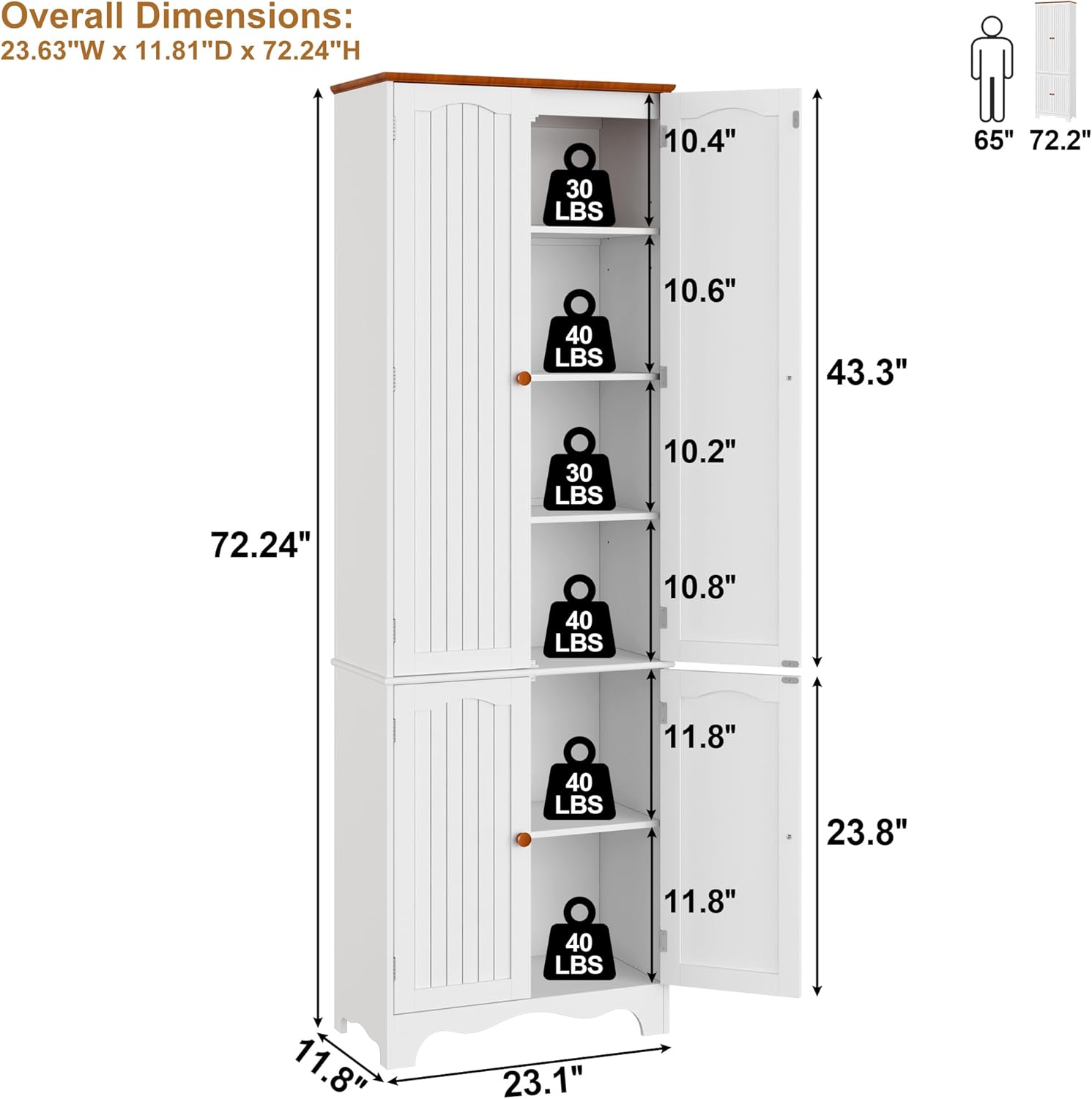 Function Home 72" Kitchen Pantry Cabinet, Freestanding Storage Cabinets, Tall Food Pantry with Doors and Adjustable Shelves, Utility Floor Cabinet for Kitchen Dining Room Living Room, White