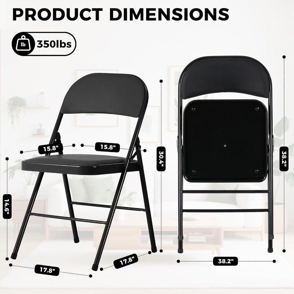 6 Pack Black Folding Chairs with Padded Seats,Portable & Stackable Dining Chairs Sets with Steel Frame, Portable Folding Chairs for Outside, Office Events, Weddings, Pu Leather