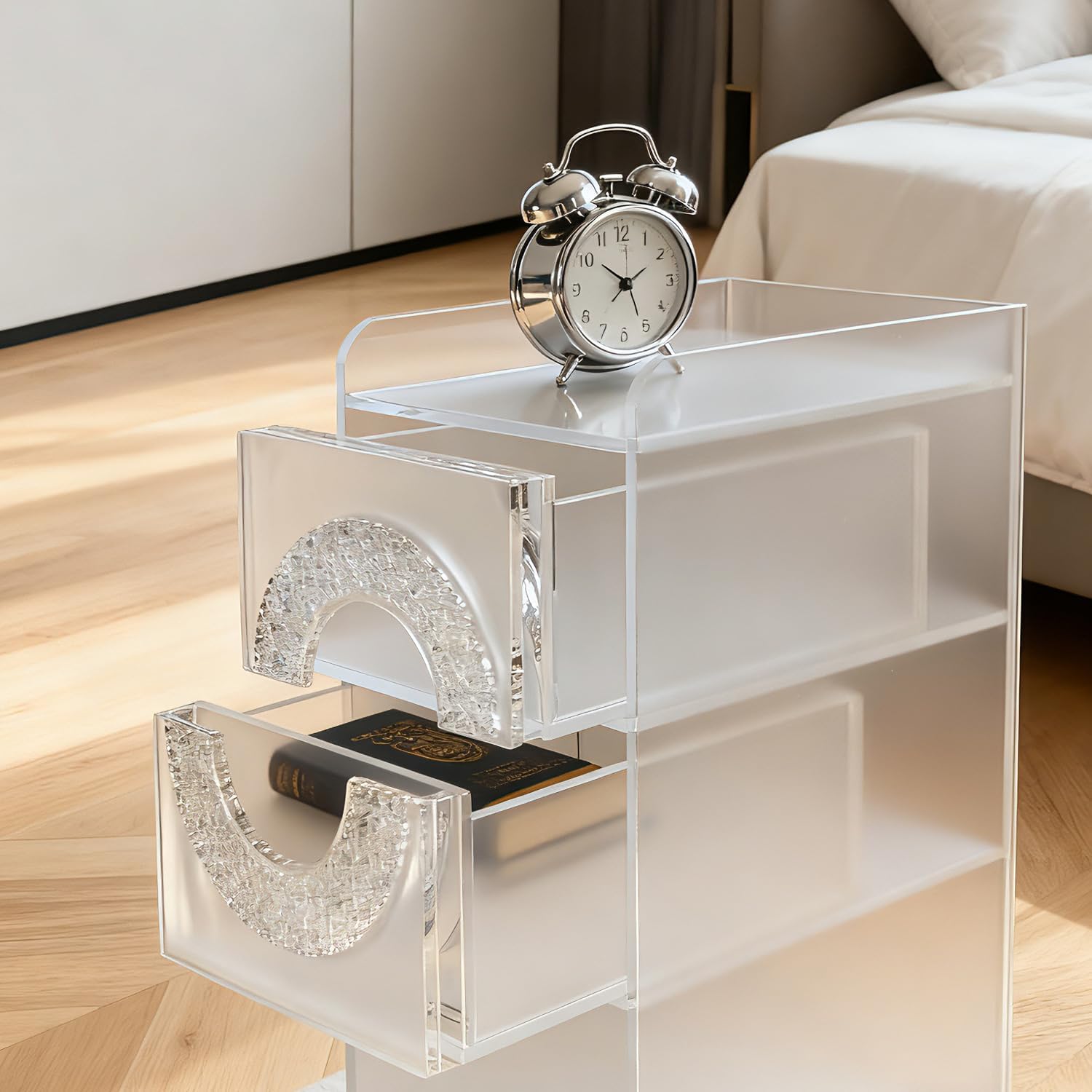 Frosted Acrylic Nightstand with 2 Drawers - Modern Slim Bedside Table for Small Spaces, 9" W x 12.6" D x 22.8" H