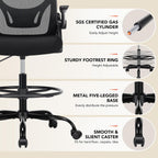 Drafting Chair, Tall Office Chair with Adjustable Footrest Ring, Standing Desk Chair with Flip-Up Armrests, Breathable Mesh High Desk Chair for Counter Height Desk, Black