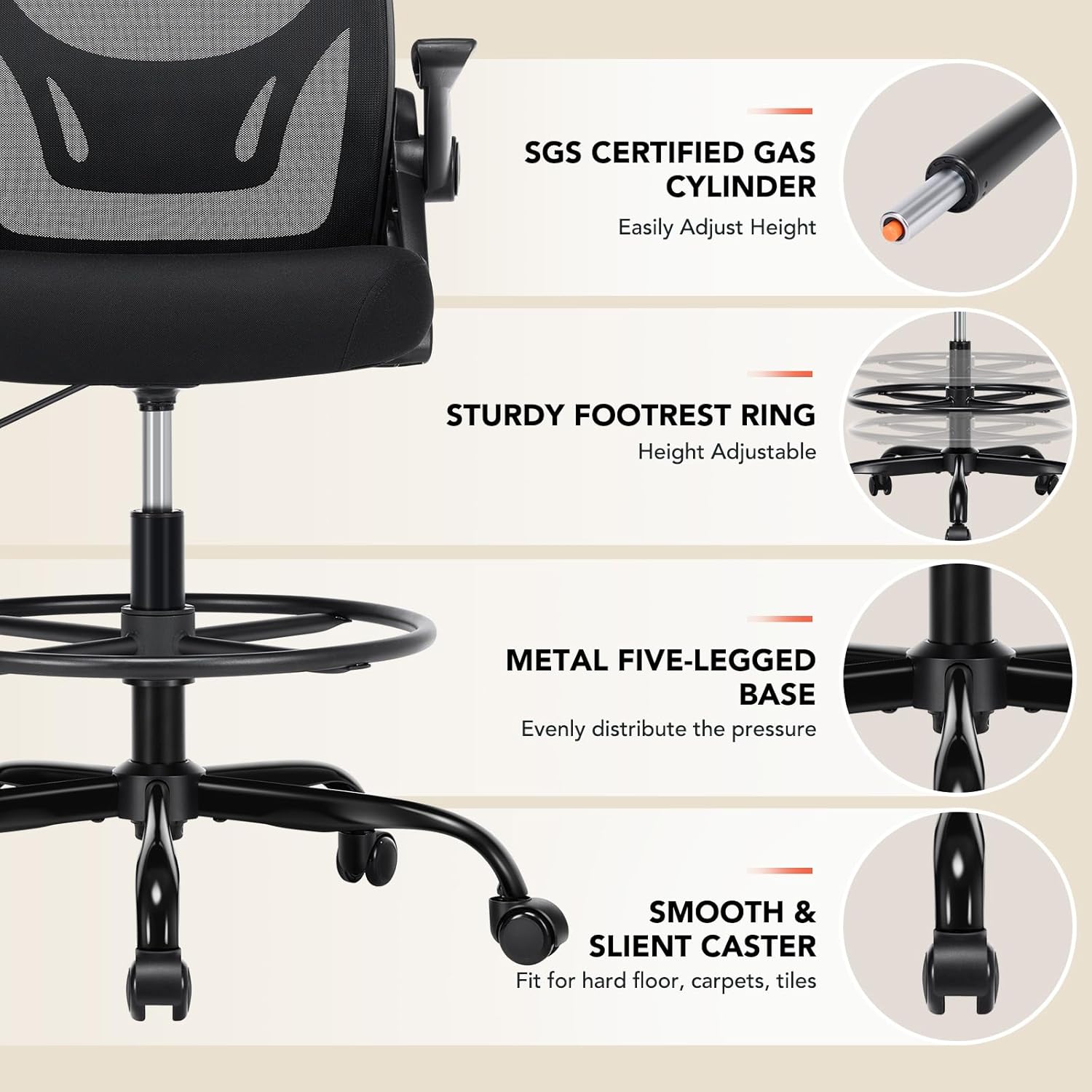 Drafting Chair, Tall Office Chair with Adjustable Footrest Ring, Standing Desk Chair with Flip-Up Armrests, Breathable Mesh High Desk Chair for Counter Height Desk, Black