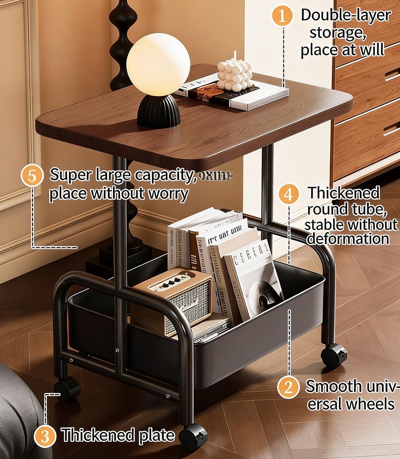 Rolling Sofa Side Table Cart, Movable Storage Nightstand, Multipurpose End Table Accent Cabinet for Living Room Bedroom Small Apartment(Primary,45x30cm)