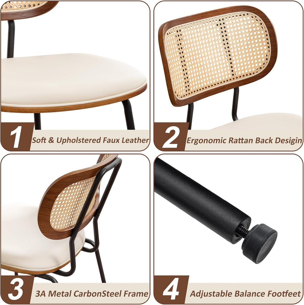 AQG Rattan Dining Chairs, Mid Century Modern Dining Chairs, Cane Back Chairs Set of 2, Cane Back Faux Leather, Kitchen & Dining Room Chairs with Metal Legs (Beige-PU, Set of 2-Rattan)