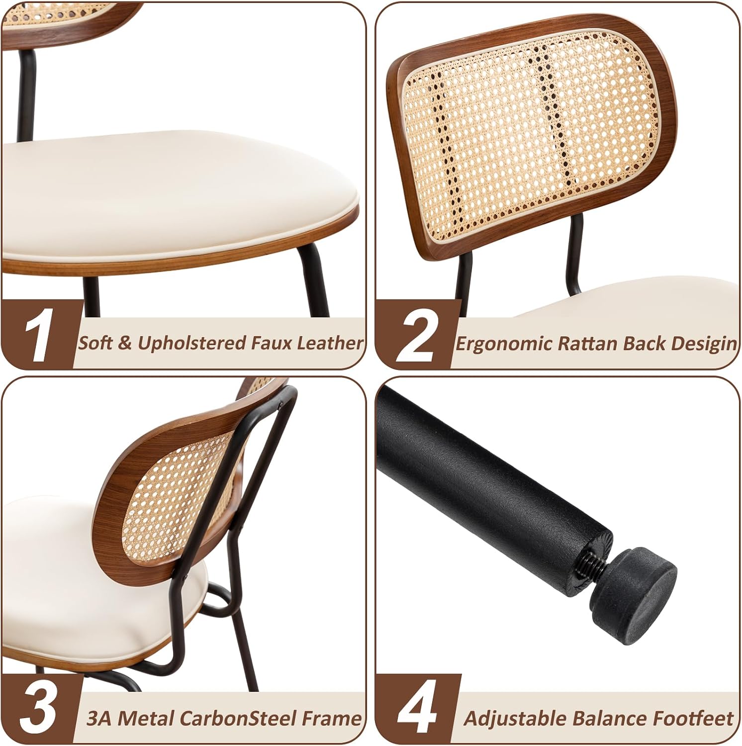 AQG Rattan Dining Chairs, Mid Century Modern Dining Chairs, Cane Back Chairs Set of 2, Cane Back Faux Leather, Kitchen & Dining Room Chairs with Metal Legs (Beige-PU, Set of 2-Rattan)