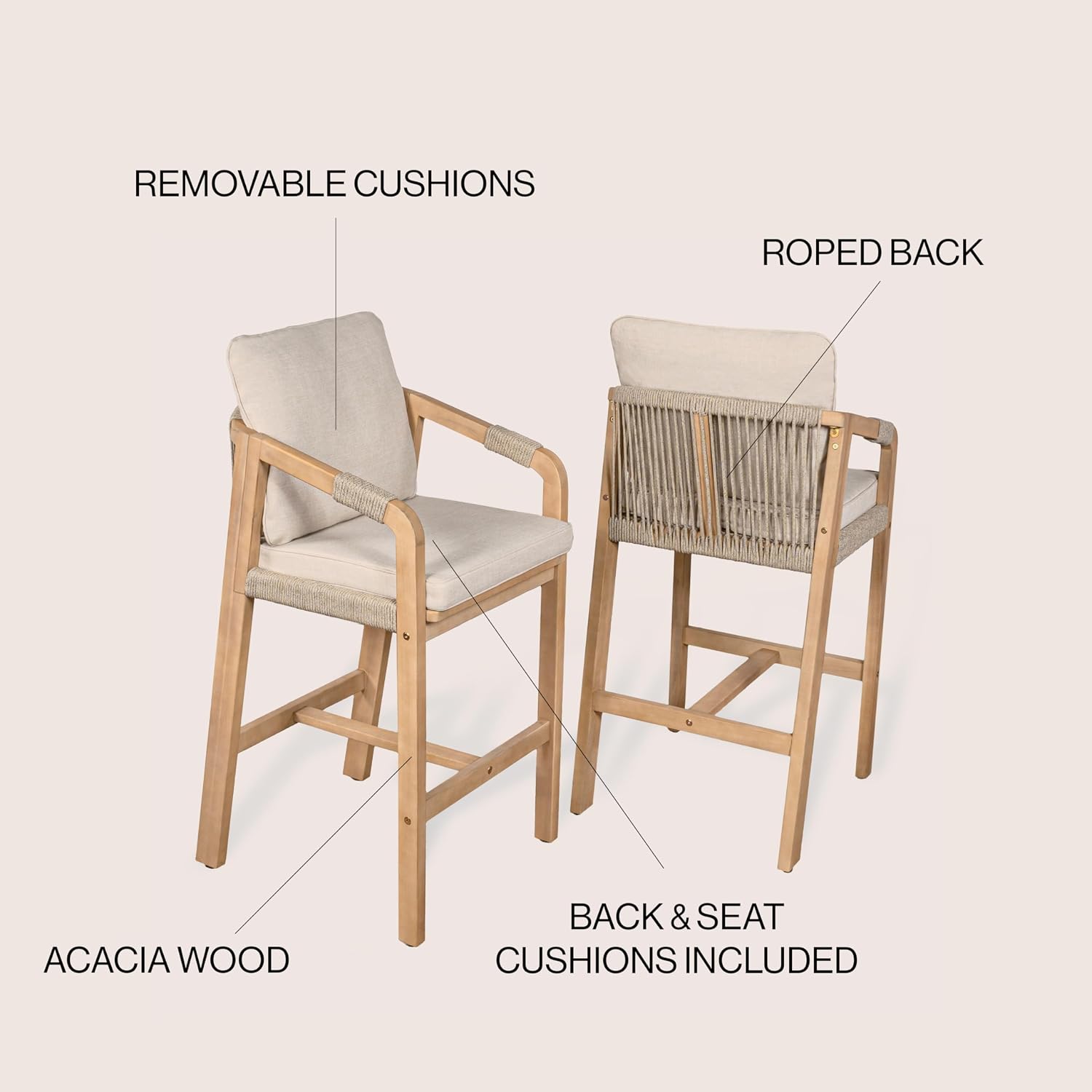 JONATHAN Y Porto Acacia Wood Outdoor Bar Stool Set of 2 for Patio and Kitchen Counter, Coastal Woven Rope Armchairs with Removable Cushions, Light Teak BSL1200A-SET2