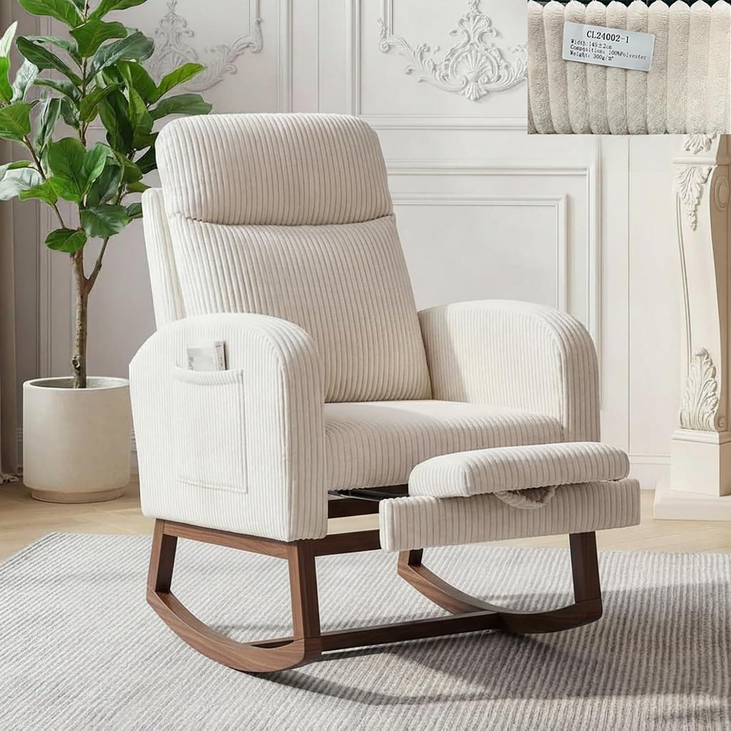GarveeLife Nursery Rocking Chair,300lb Glider Chair with Solid Wood Legs/Two Side Pockets,Corduroy Upholstered Glider Rocker with Footrest High Backrest for Living Room/Bedroom/Nursery