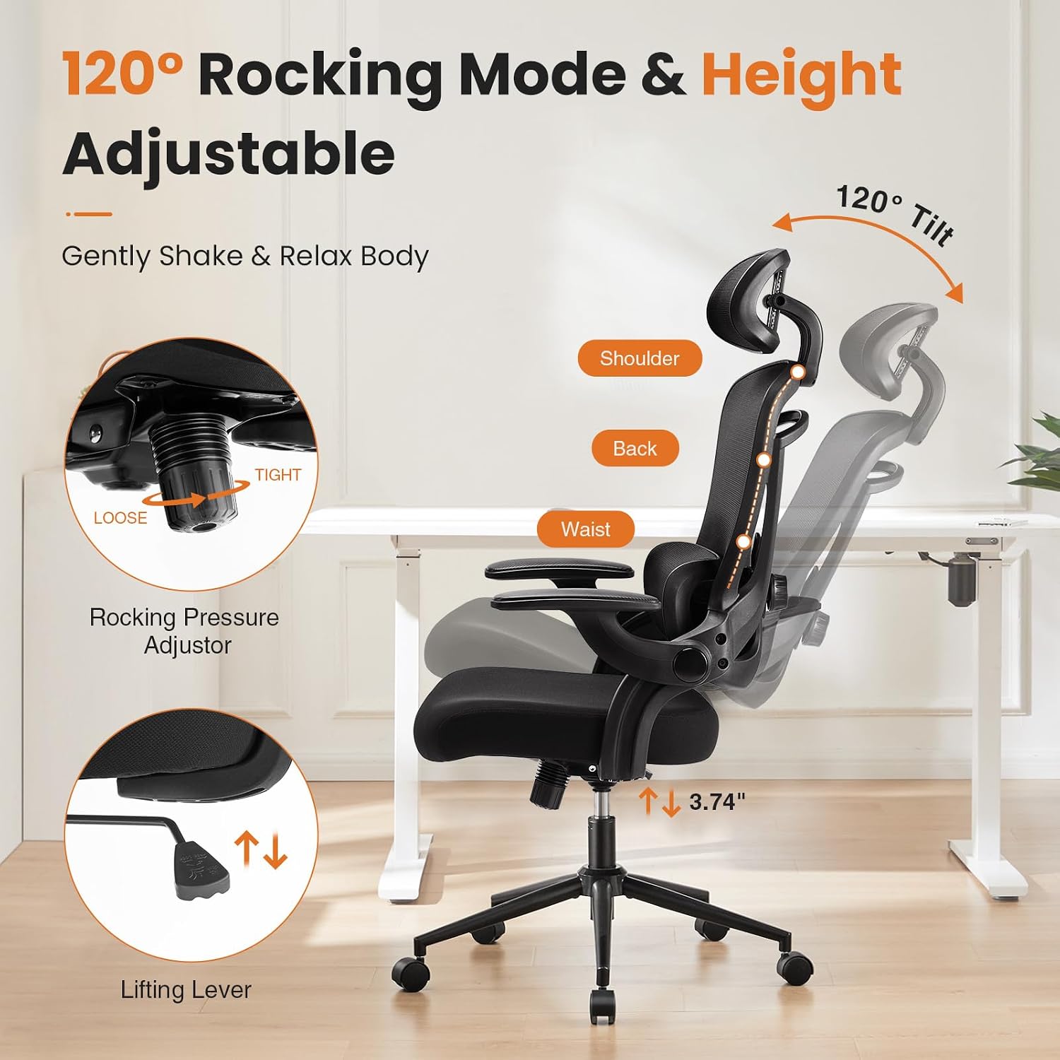 DUMOS Executive Office Ergonomic Desk Chair, 300 LBS Home Mesh Chairs with Wheels, 2D Headrest, Up&Down Lumbar Support, Swivel High Back Computer Chair with Flip-up Armrests, Black