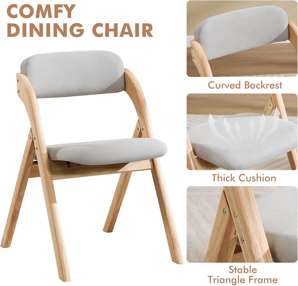 2-Pack Folding Chairs with Cushion Linen Padded Foldable Chairs Raw Wood Folding Dining Chairs for Dining Rooms Kitchen Parties Offices Indoor Outdoor Light Grey