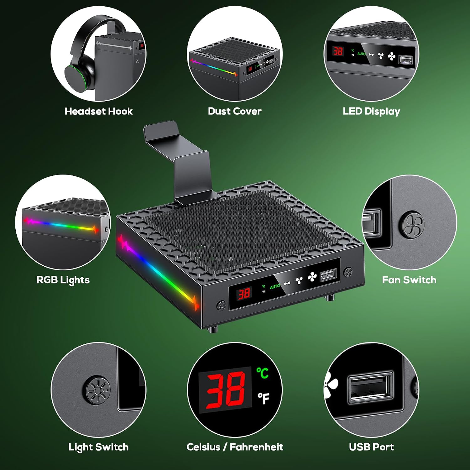 Auto Cooling Fan for Xbox Series X with LED Temperature Display & 9 RGB Lighting Modes, Smart Thermally-Adjustable Cooling System for Xbox Series X, Separate Cooler&Light Switch, Headset Hook,USB Port