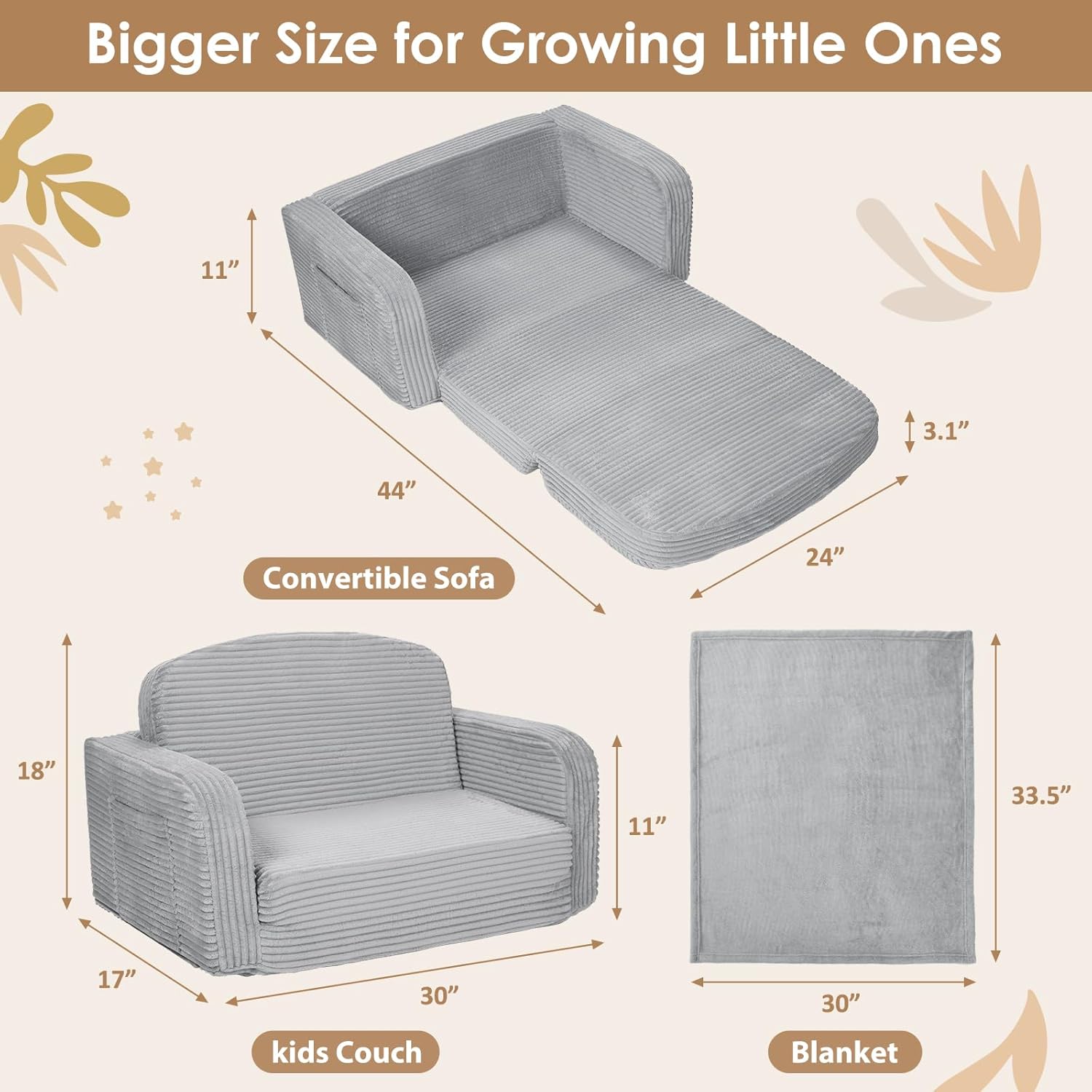 Foryoomi Extra Wide 2 in 1 Convertible Toddler Kids Couch - Corduroy Fold Out Kids Sofa Chair with Blanket, Comfy Comfortable Toddler Chair, Machine-Washable Cover, for Boys Girls, Grey