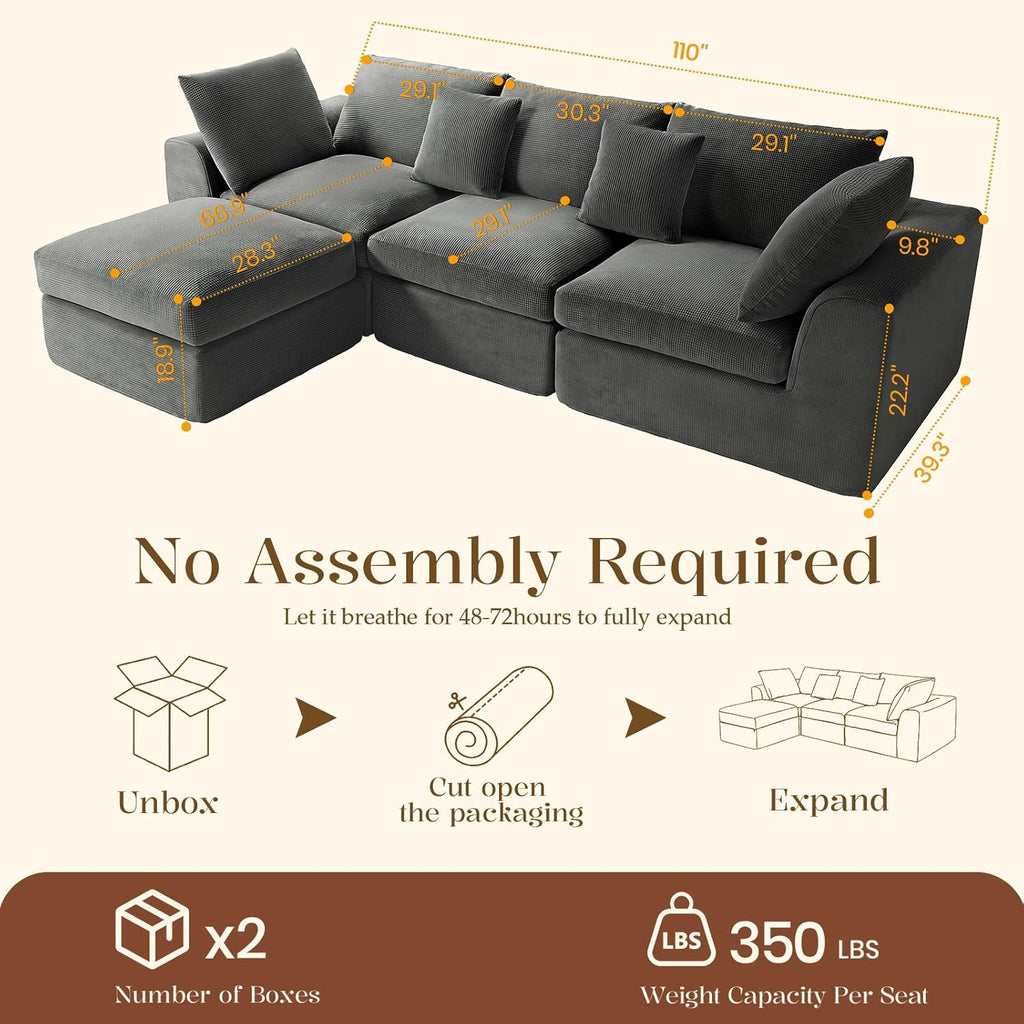 Benazcap 110" Cloud Sectional Couches for Living Room, L-Shaped Convertible Sofa, 3-Seat Modular Boneless Couch with Movable Ottoman, Dark Grey