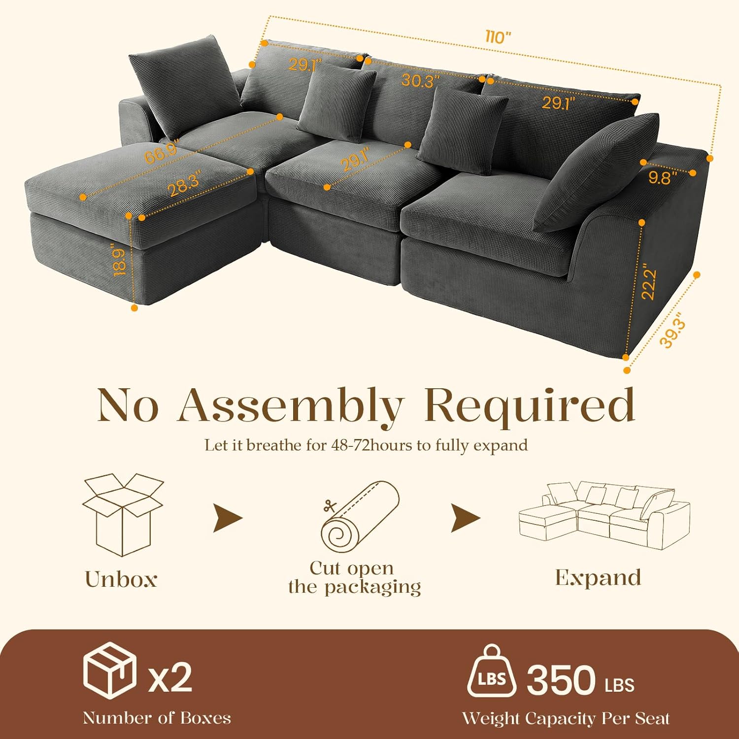 Benazcap 110" Cloud Sectional Couches for Living Room, L-Shaped Convertible Sofa, 3-Seat Modular Boneless Couch with Movable Ottoman, Dark Grey