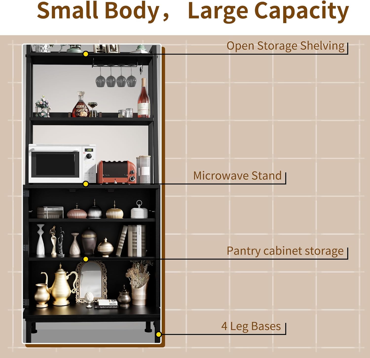 kepptory 58" Kitchen Baker's Rack with Storage, Microwave & Toaster Oven Stand, Freestanding Coffee Bar Station with Wine Glass Holder & Side Storage Shelves, Black