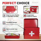 Plexon 8.5" Metal First Aid Box Empty, Medicine Storage Bin with Lid, Emergency Supplies Organizer, Portable First Aid Kit Case, Red