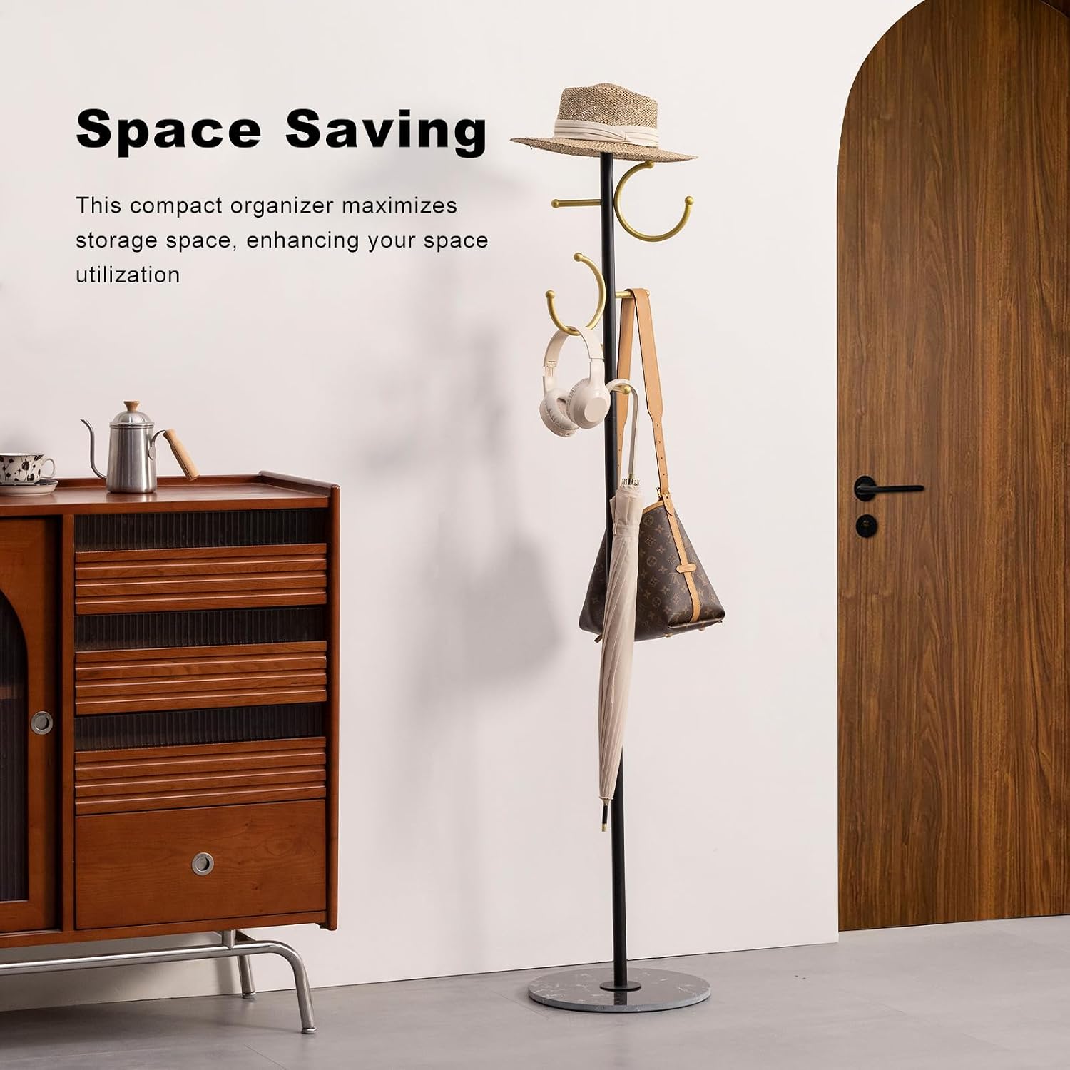 JIAYUEJU Coat Rack Freestanding Corner Coat Tree Hat Rack Stand with Heavy duty Marble Base & 6 Hooks for Entryway, Hallway, Living Room, Bedroom, Hotel, Office 14.57”x 14.57”x 66.93”