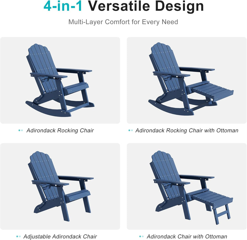 HDPE Adirondack Rocking Chair Set of 2, 4-in-1 Folding Design with Retractable Ottoman, Outdoor Adirondack Chair with 3-Position Adjustable Backrest & Cup Holder for Porch, Backyard, Pool, Navy Blue