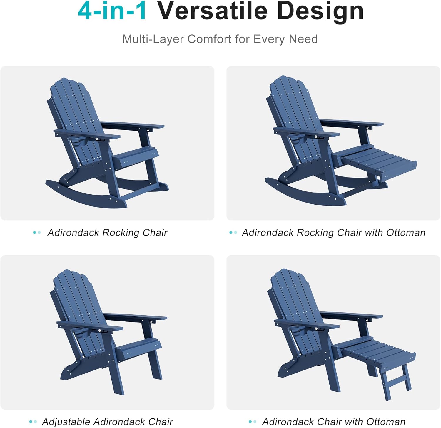 HDPE Adirondack Rocking Chair Set of 2, 4-in-1 Folding Design with Retractable Ottoman, Outdoor Adirondack Chair with 3-Position Adjustable Backrest & Cup Holder for Porch, Backyard, Pool, Navy Blue