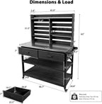Merax 64.9" H Outdoor Potting Bench Table with Lockable Wheels, Solid Wood Outdoor Kitchen Island with Upper Hutch, Stainless Steel Top, Towel Rack, Outdoor Storage for Grilling, Lawn Garden, Black