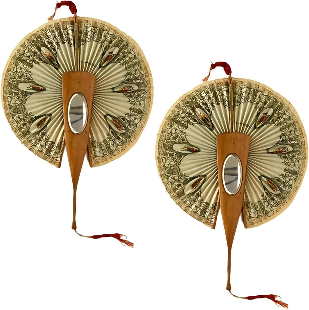 Antique Mirrored Mechanical Fan, Olive Wood Swallow Print Folding Fan with Hidden Mirror & Lace Trim, Classic European Retro Photo Prop, Unique Home Decor Collectible Gift for Women (2PCS)