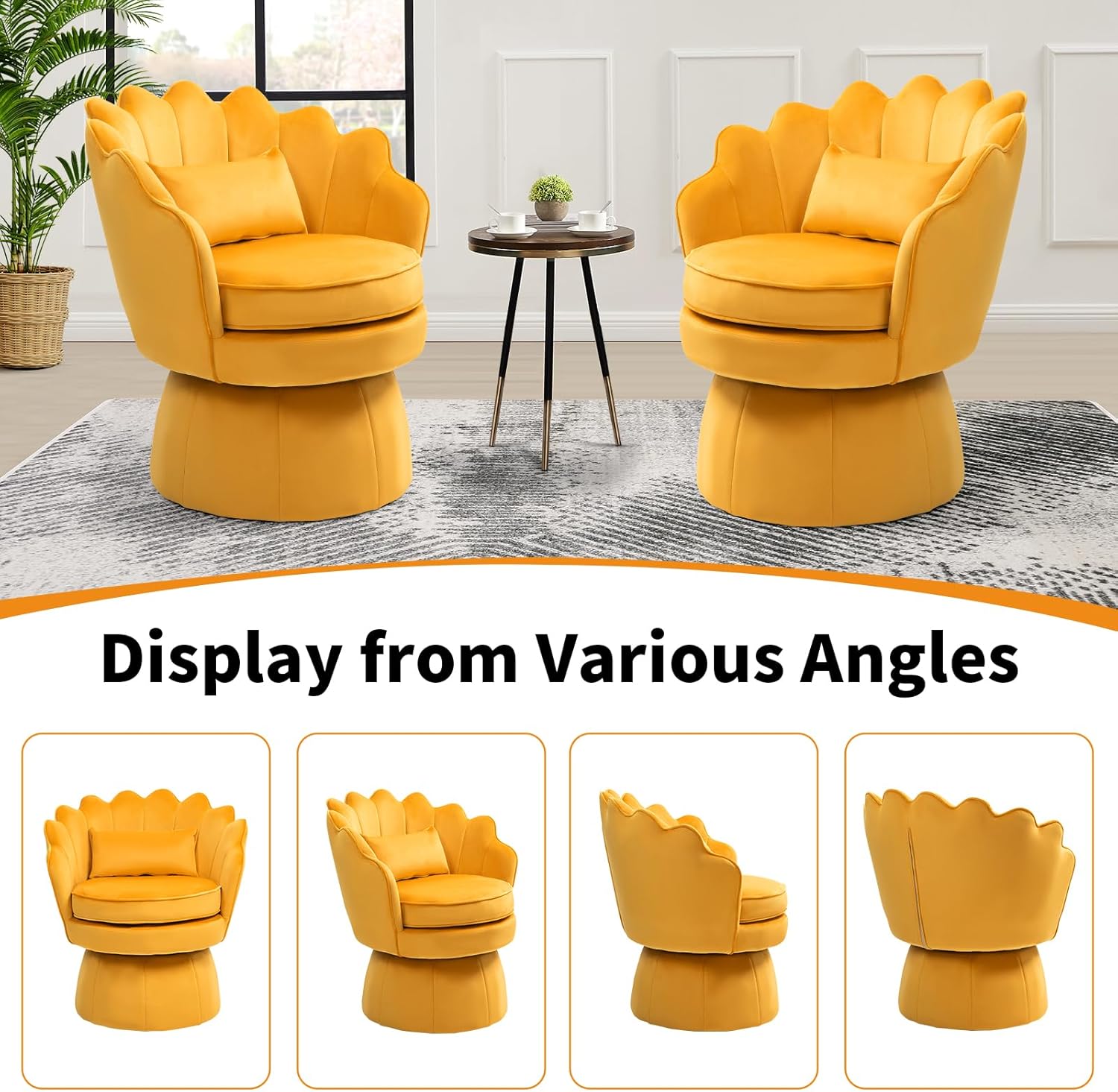 ZJhome Swivel Accent Chairs, 360° Mid-Century Modern Velvet Barrel Chair, Comfy Shell Shape Arm Chair with Lumbar Pillow for Living Room, Bedroom, Office,Dark Yellow, Set of 1