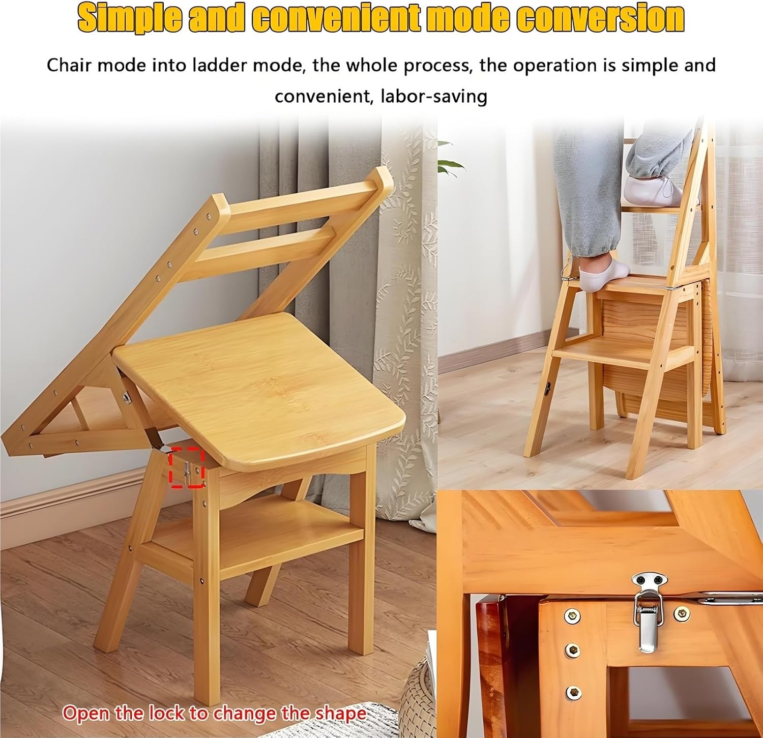 Aimery Library Ladder Chair, 2 in 1 Portable 4-Step Ladders, Wood Foldable Stool for Home, Library, Office(Dark Walnut,A)