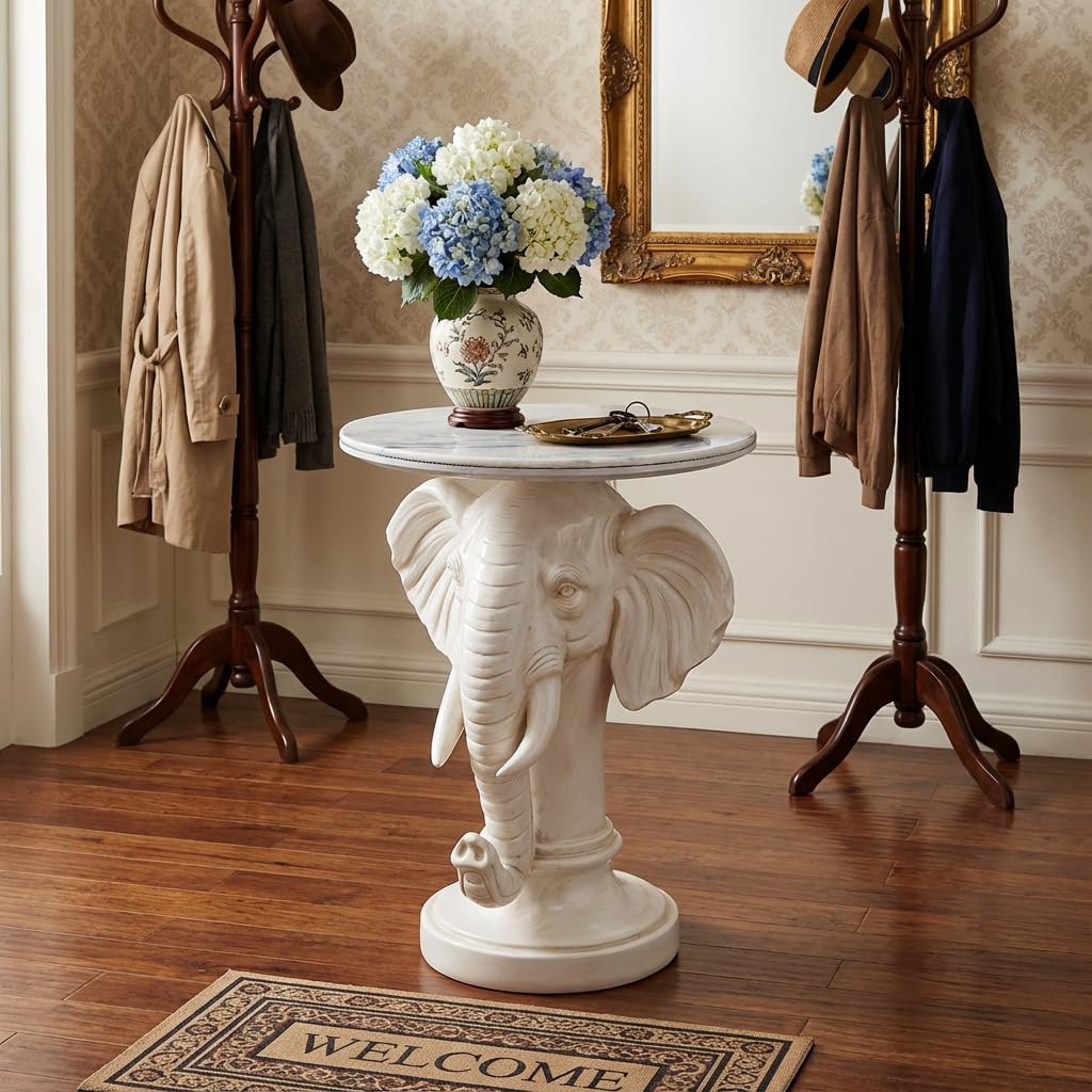 Elephant End Table – 25.98in Tall Artificial Marble Top Decorative Accent Table with Resin Sculpture Base, Perfect for Living Room, Bedroom, Entryway