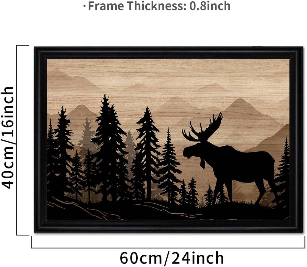 WELMECO Moose Wall Art Rustic Cabin Decor Farmhouse Bedroom Living Room Decoration, 16x24inch Forest Moose Painting Framed Canvas Art Print