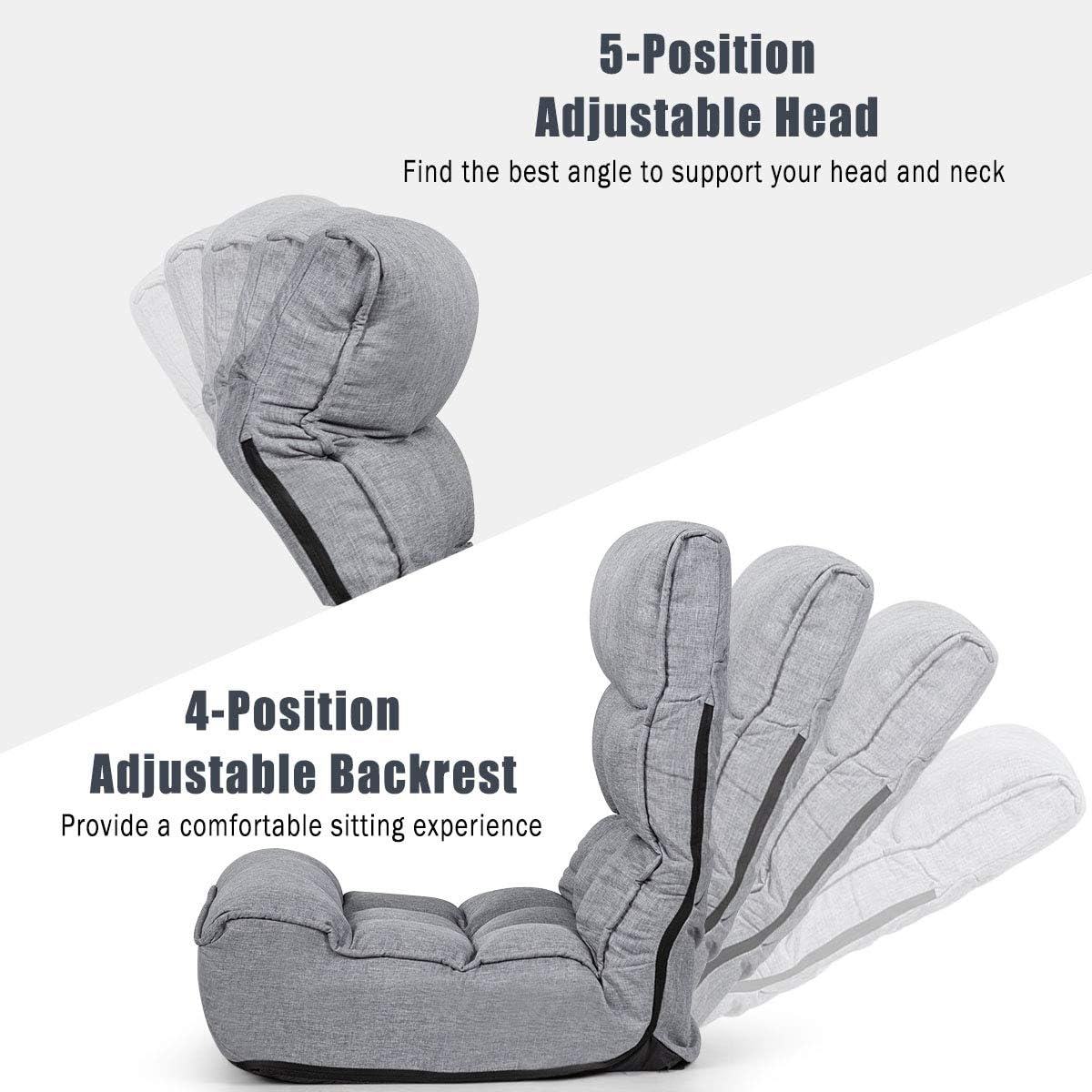 Giantex Floor Chairs for Adults with 4-Position Adjustable Back, 6-Position Adjustable Headrest, Side Pocket, No Assembly Required, Banana Chair, Folding Floor Gaming Chair, Grey