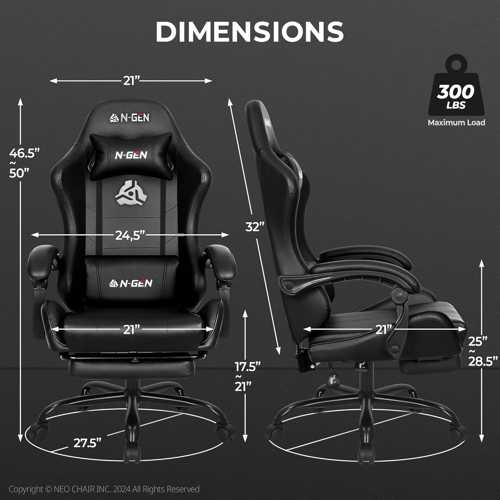 NEO CHAIR Video Gaming Chair with Footrest High Back Ergonomic Comfortable Office Computer Desk with Lumbar Support Height Adjustable with PU Leather Recliner for Adults Women Men (Black)