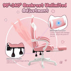Dowinx Pink Gaming Chair with Cat Ears and Massage Lumbar Support, Ergonomic Computer Chair with Footrest and Headrest, Comfortable Reclining Game Chair 290lbs for Adults, Pink