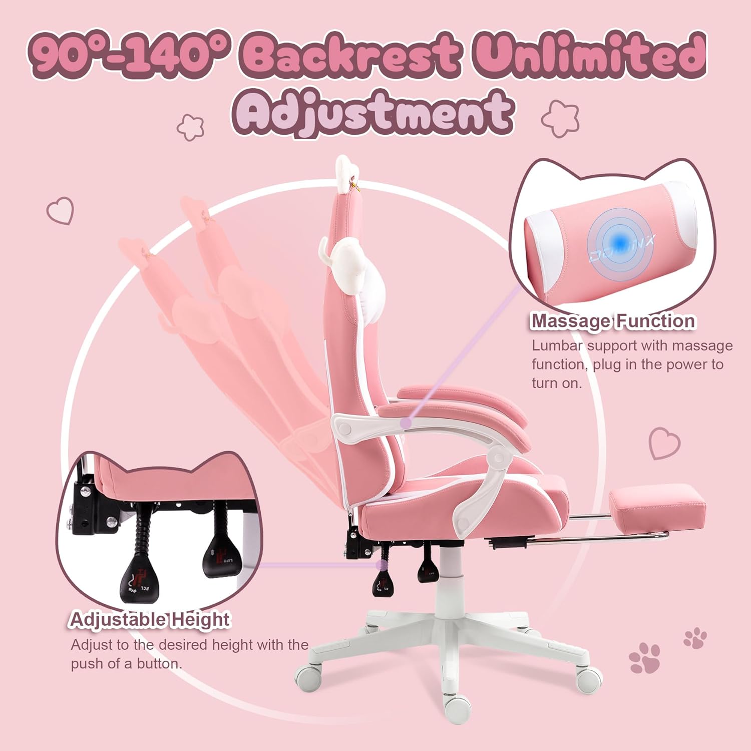 Dowinx Pink Gaming Chair with Cat Ears and Massage Lumbar Support, Ergonomic Computer Chair with Footrest and Headrest, Comfortable Reclining Game Chair 290lbs for Adults, Pink