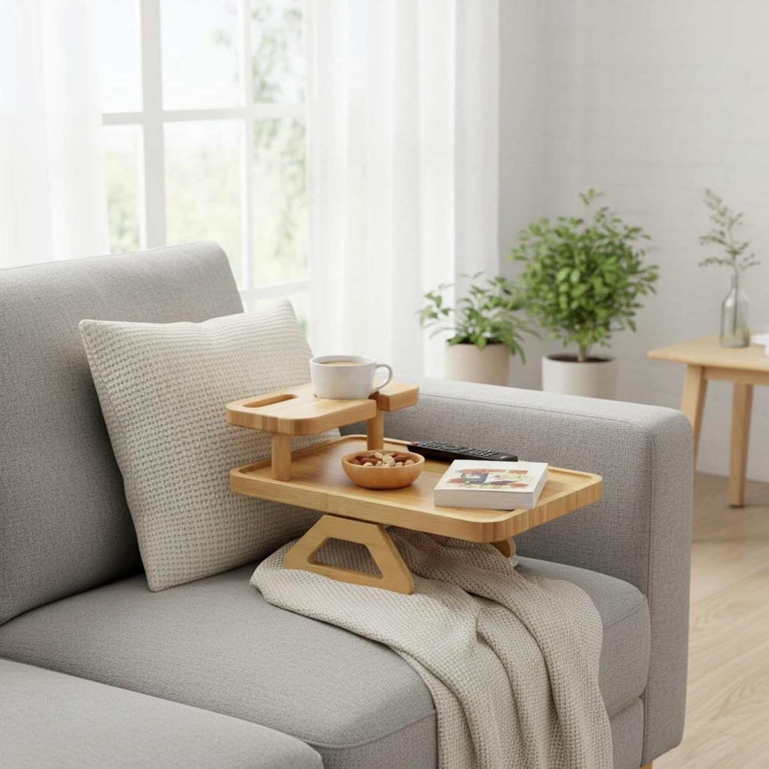 Expandable Armrest Table Bamboo Couch Clip Double Layer Surface with Stable Non Slip Pads Suitable for Office Living Room Family Room