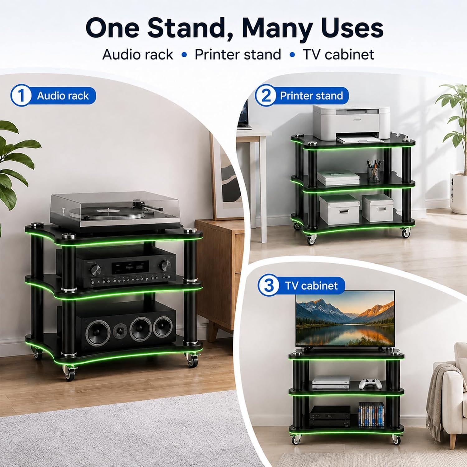 AV Media Stand with LED Lights, Audio Rack with USB Powered RGB Light Strip, Rolling Stereo Cabinet with Lockable Caster Wheels, 88 lbs Per Shelf, Printer/TV Stand for Small Spaces (black, 3-Tier)