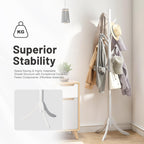 kiplant Coat Rack Stand with 8 Hooks, Adjustable Coat Standing Tree Easy Assembly for Coats, Hats, Scarves and Handbags for Entryway, Hallway, Bedroom, Office (Bamboo, White)